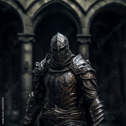 medieval knight in dark grey armor, 3d game art design