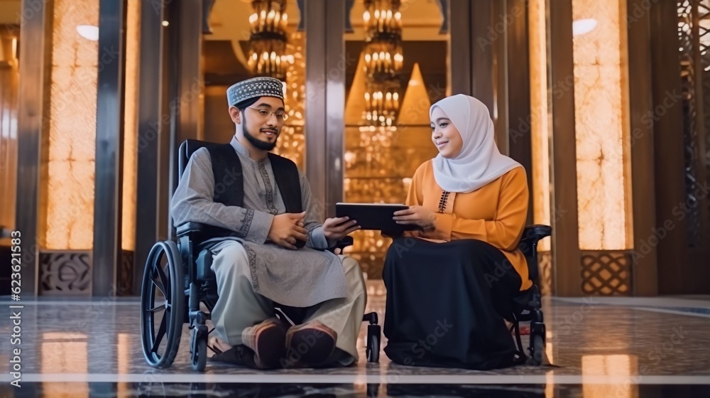 Muslim couples with dissability sitting in wheelchair and holding Quran with view of Kaaba