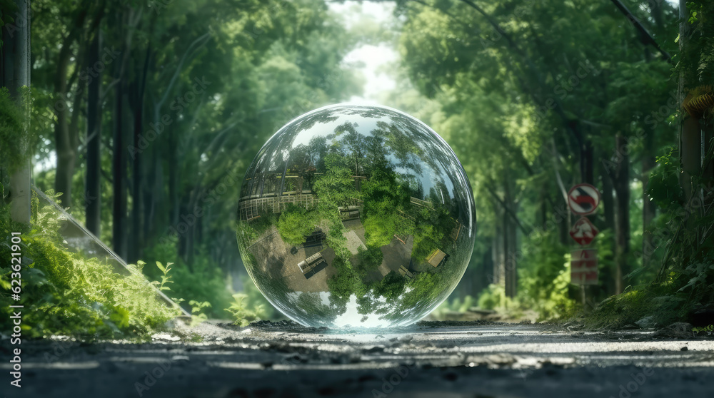 a big crystal ball full of green trees with nature and life inside the crystal vola, in the middle of a post-apocalyptic burning world, 4k, qhd, hyper-realistic, full of details a big crystal ball full of green trees with nature and life inside the crystal vola, in the middle of a post-apocalyptic burning world, 4k, qhd, hyper-realistic, full of details