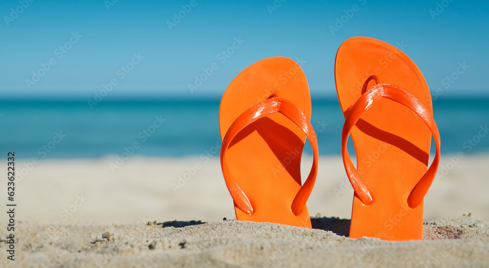 Εκτύπωση καμβά beautiful flip flops buried in the sand of a beach in high definition and sharpn