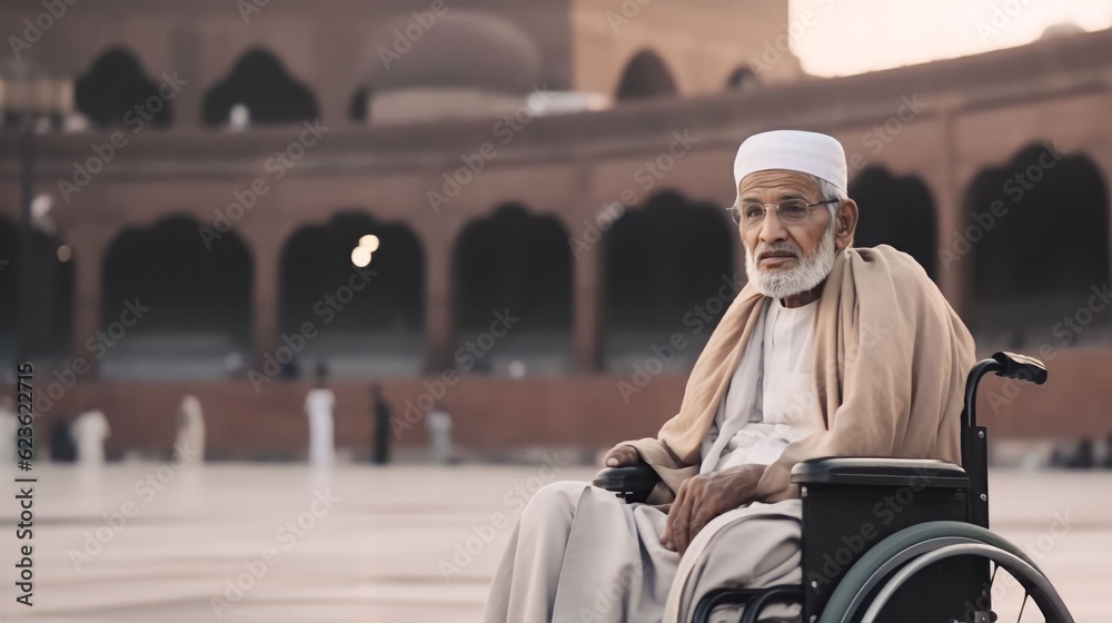 Muslim old man with dissability sitting in wheelchair and holding Quran with view of Kaaba