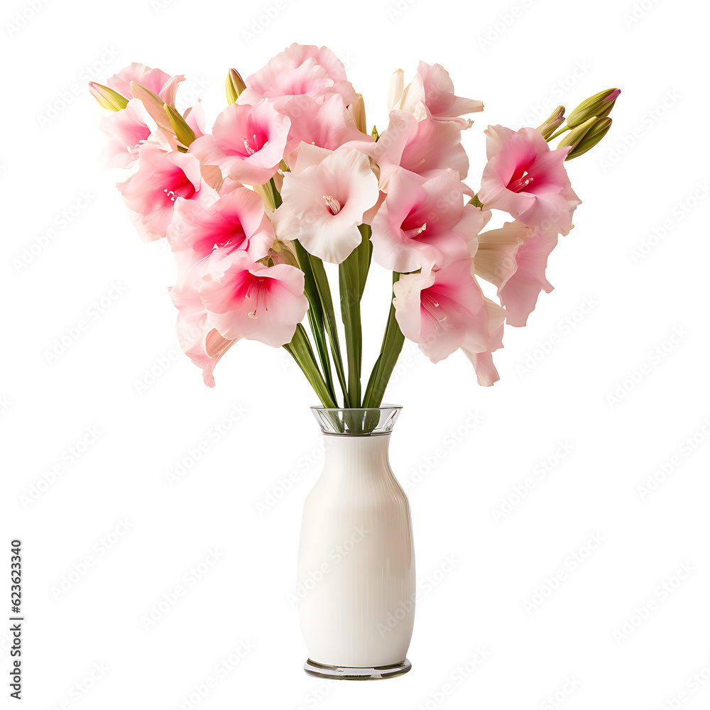 bouquet of pink roses in vase isolated. Gladiolus Flower ‘Prins Claus’ Vase Arrangements.The white and pink gladiolus flowers bloom. Flower Vase Arrangements PNG.Generative AI.