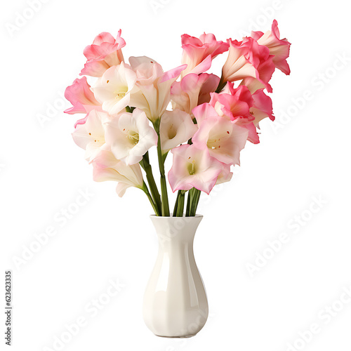 bouquet of pink roses in vase isolated. Gladiolus Flower ‘Prins Claus’ Vase Arrangements.The white and pink gladiolus flowers bloom. Flower Vase Arrangements PNG.Generative AI.