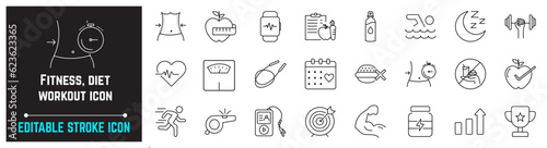 Fitness Thin Line Icons, Icon includes Healthy, Sleep, Diet Plan, Sports Supplements, and More. Lifestyle Editable Stroke Icon