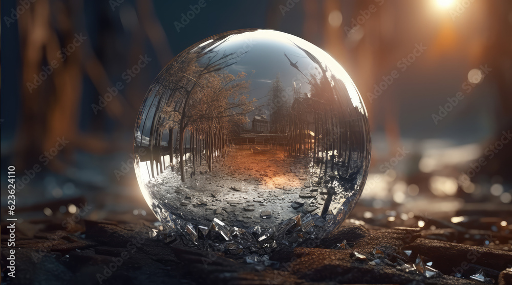 a big crystal ball full of green trees with nature and life inside the crystal vola, in the middle of a post-apocalyptic burning world, 4k, qhd, hyper-realistic, full of details a big crystal ball full of green trees with nature and life inside the crystal vola, in the middle of a post-apocalyptic burning world, 4k, qhd, hyper-realistic, full of details
