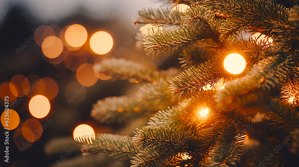 Christmas tree closeup on illuminated background - Generative AI.