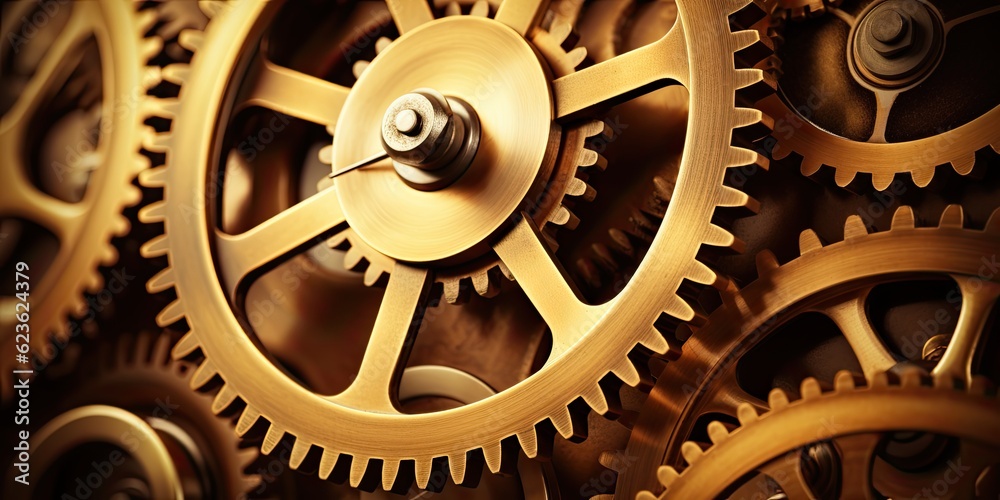 An intricate of a clock mechanism where each gear is intricately, creating a mesmerizing visual representation of the passage of time. Generative AI