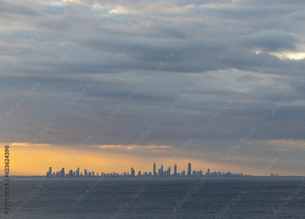 Sunset view of the Gold Coast skyline seen from Coolangatta Beach, Queensland