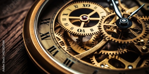 An intricate of a clock mechanism where each gear is intricately, creating a mesmerizing visual representation of the passage of time. Generative AI