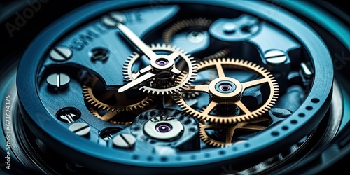 An intricate of a clock mechanism where each gear is intricately, creating a mesmerizing visual representation of the passage of time. Generative AI