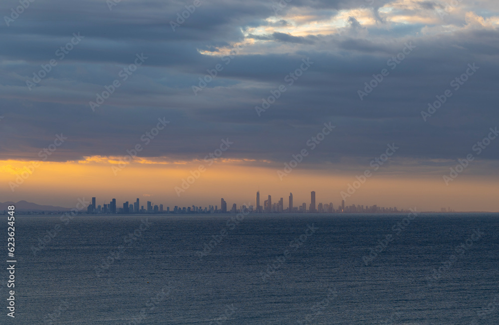 Sunset view of the Gold Coast skyline seen from Coolangatta Beach, Queensland Sunset view of the Gold Coast skyline seen from Coolangatta Beach, Queensland