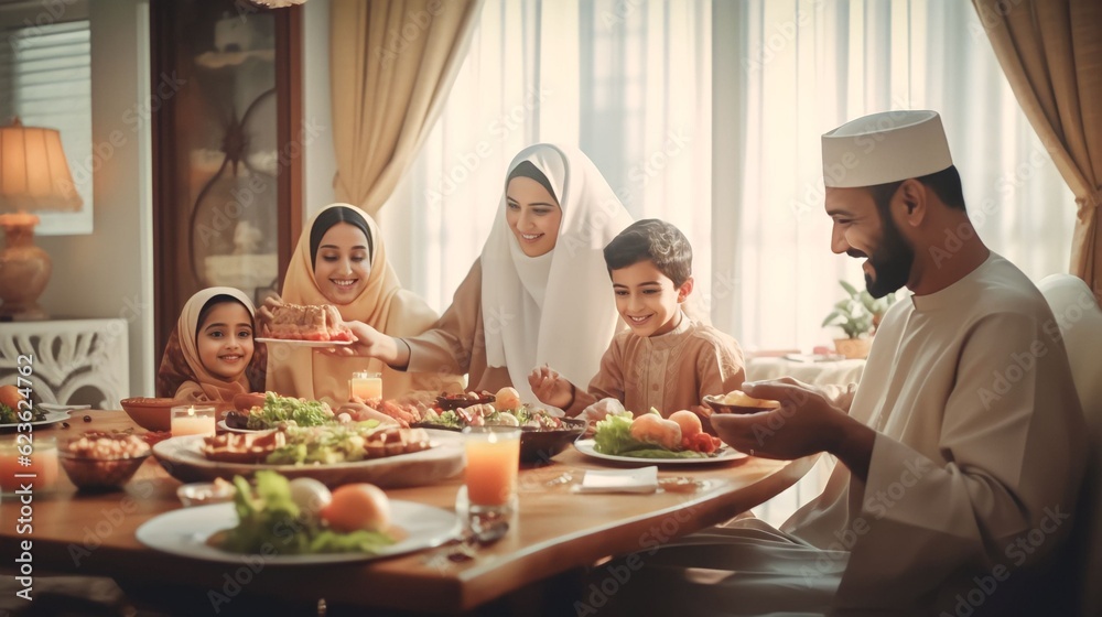 Muslim family eating food and enjoying together in happiness in the living room