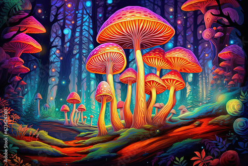 Colorful mushrooms in psychedelic forest. Neon dmt mushrooms concept © lermont51
