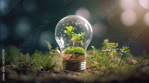 Environmental protection, renewable, sustainable energy sources. Plant growing in the bulb with there are environmental icons all around.Energy-saving and environmental concepts on Earth Day