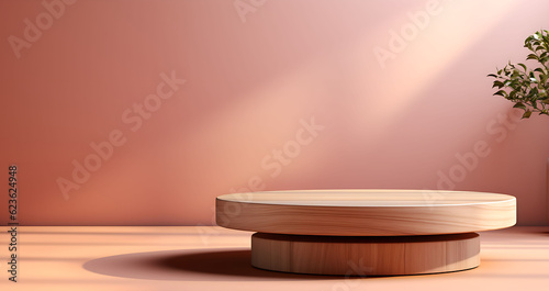 modern pink round wooden podium, sunlight for cosmetics, skin care, beauty treatment, fashion product display backdrop