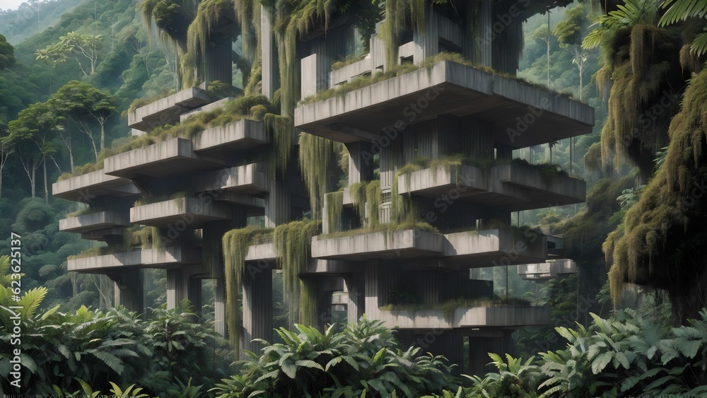 Landscape of an abandoned brutalist mega-structure deep in the rainforest - Generative AI Illustration	
