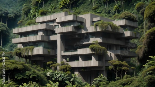 Landscape of an abandoned brutalist mega-structure deep in the rainforest - Generative AI Illustration   © Starstruck