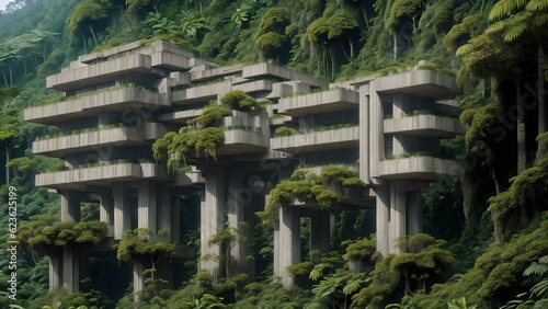 Landscape of an abandoned brutalist mega-structure deep in the rainforest - Generative AI Illustration  