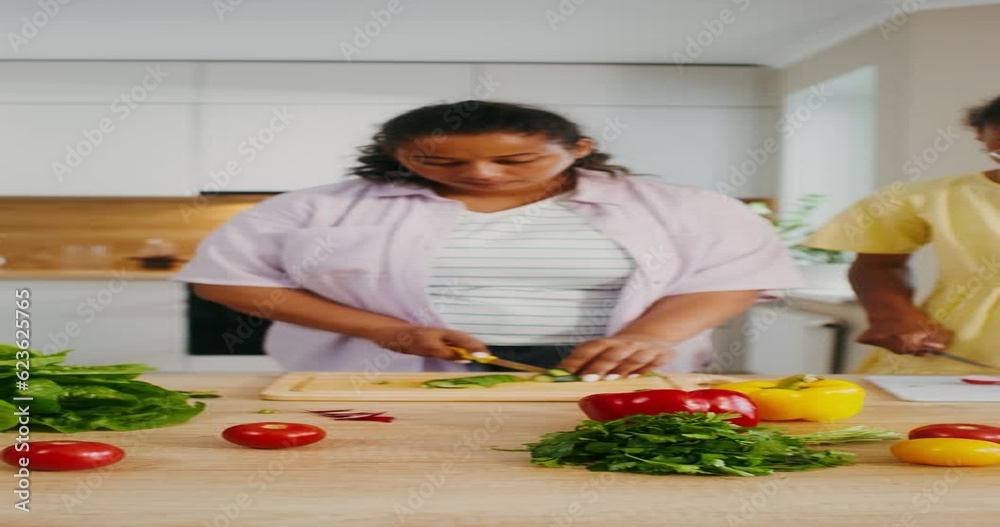 Mom and daughter cook in the kitchen slicing vegetables for salad Mom and daughter cook in the kitchen slicing vegetables for salad