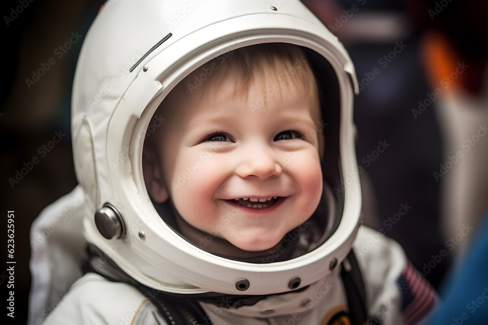 A small child imagines himself to be an astronaut in an astronaut's helmet. A small child imagines himself to be an astronaut in an astronaut's helmet.