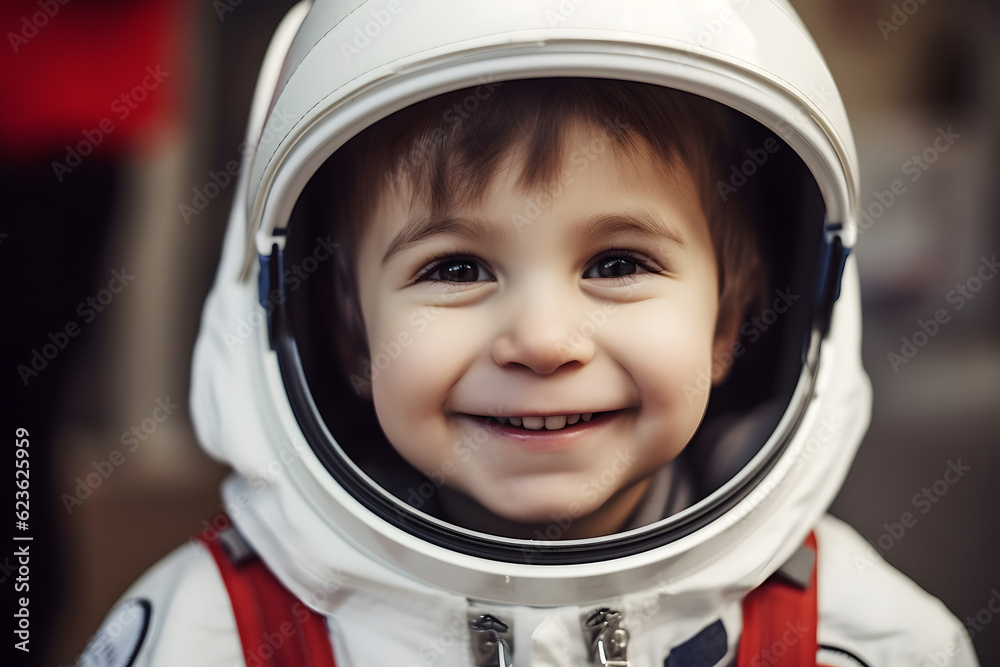 A small child imagines himself to be an astronaut in an astronaut's helmet. A small child imagines himself to be an astronaut in an astronaut's helmet.