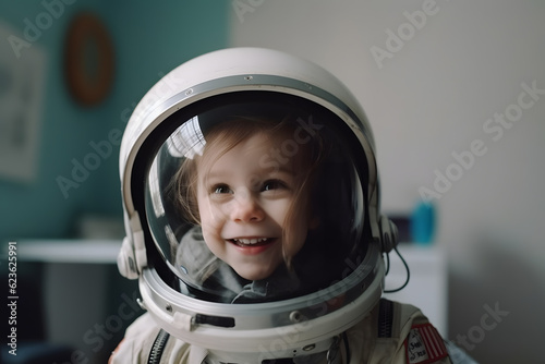 A small child imagines himself to be an astronaut in an astronaut's helmet.