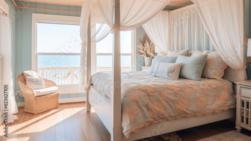 Bedroom decor, home interior design . Coastal Beachy style with Ocean View decorated with Wood and Wicker material . Generative AI AIG26. photo