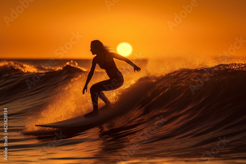 Horizontal banner silhouette of single female woman surfer surfing waves on his surfboard during sunset or sunrise. People water sport lessons beach swimming activity on summer vacation. Generative AI