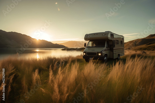 Spending time in recreation vehicle van nature concept. Motor home caravan camping car RV driving through beautiful mountain landscape of rocky hills and pure lake in sunset or sunrise. Generative AI
