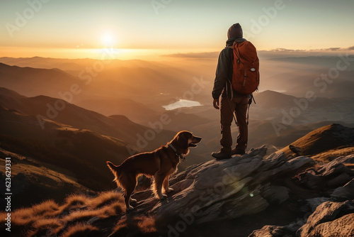 A man with red backpack and dog sitting at the summit of mountain chase looking at beautiful stunning amazing view of the ocean sunrise or sunset. Freedom and travel concept. Generative AI Technology © Valeriia