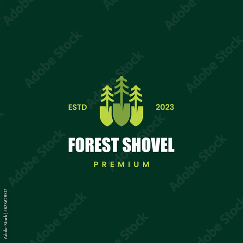 shovel combine with pine tree logo design vintage style