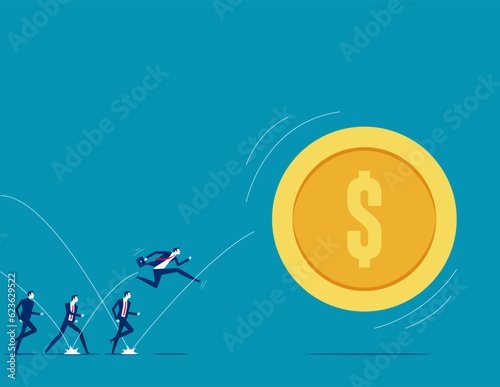 The merchant tracked team tried to catch the escaped gold coin. Business vector illustration