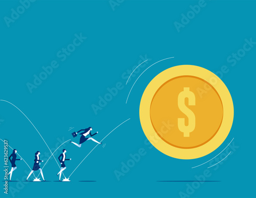 The merchant tracked team tried to catch the escaped gold coin. Business vector illustration