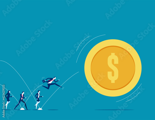 The merchant tracked team tried to catch the escaped gold coin. Business vector illustration
