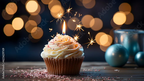 cupcake with a candle on bright background with copy space Generative AI