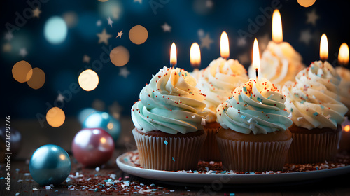 cupcake with a candle on bright background with copy space Generative AI