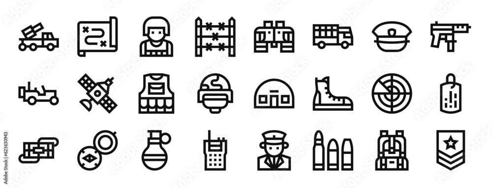 set of 24 outline web military icons such as launcher, map, soldier ...