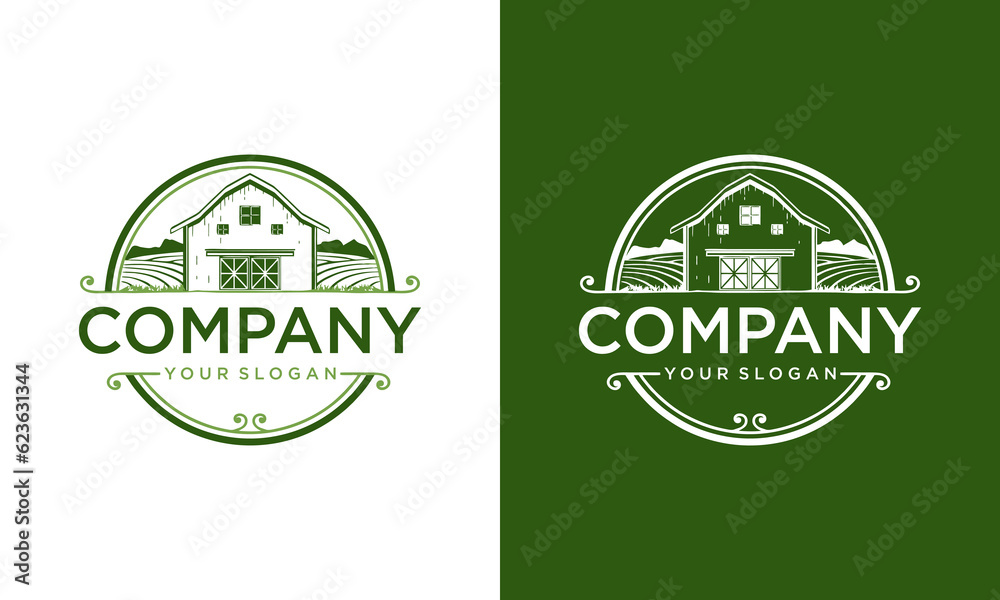 Farm House concept logo. Template with farm landscape. Label for ...