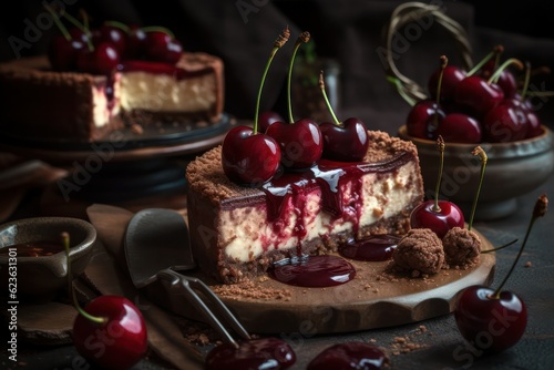 Cheesecake with chocolate and cherries, a gourmet summer treat. Generative AI