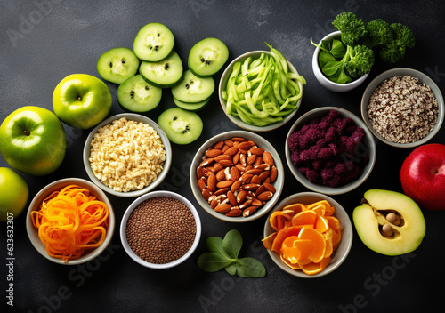 Presentation of dried fruits, spices and nuts in bowls. Still life with almonds and sliced vegetables in a flat lay arrangement of healthy vegetarian food. high angle view kitchen poster
