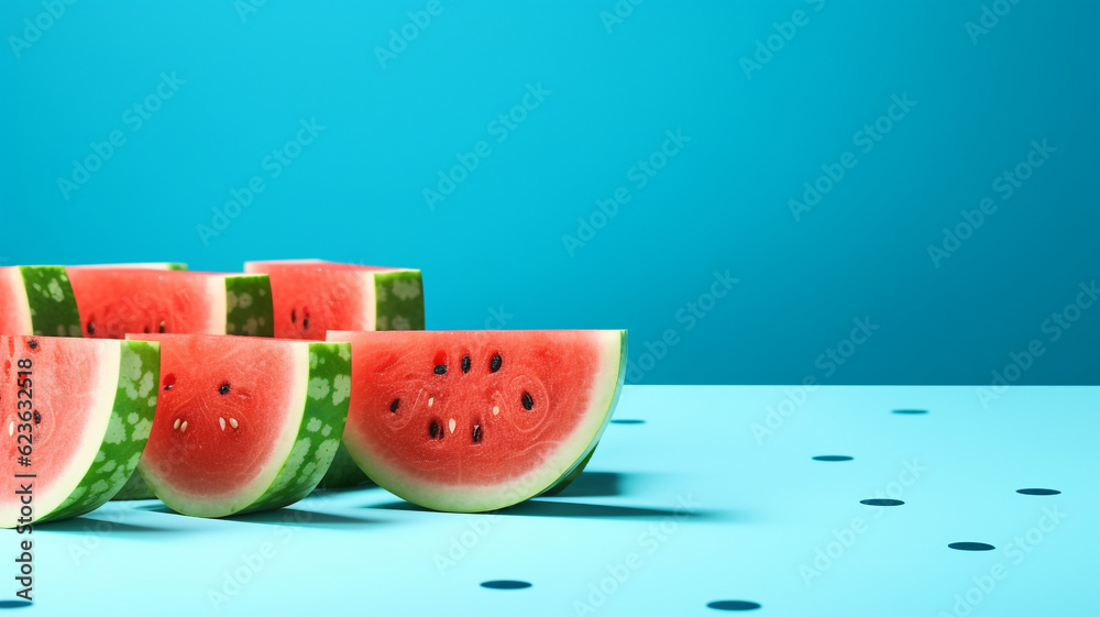 Slices of watermelon isolated on pastel green teal background. 3d rendering. healthy fresh fruits summertime creative wallpaper. Unique minimalist idea with copy space Slices of watermelon isolated on pastel green teal background. 3d rendering. healthy fresh fruits summertime creative wallpaper. Unique minimalist idea with copy space