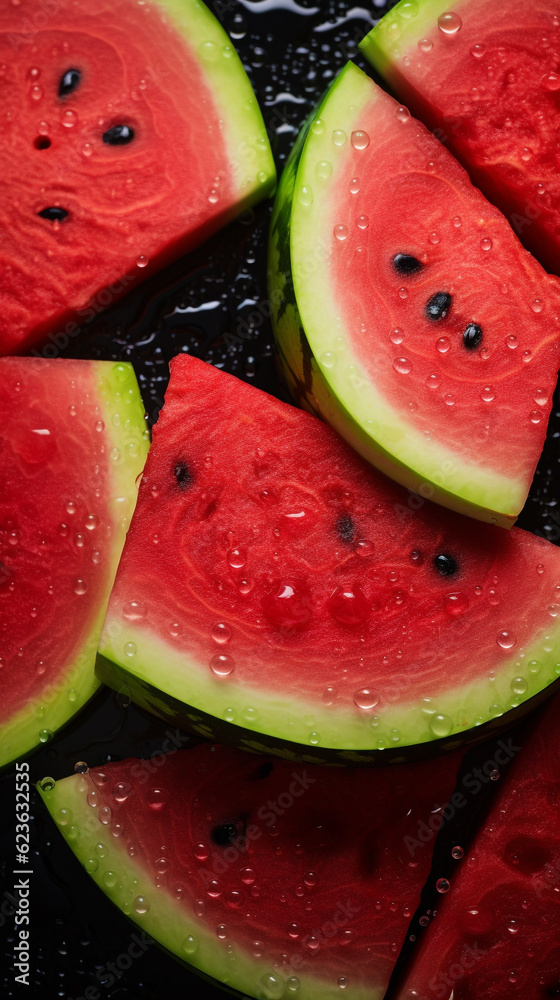 Close up with fresh juicy watermelon sliced with water drops. Summer fruit vertical poster. 3d render background with healthy red fruits Close up with fresh juicy watermelon sliced with water drops. Summer fruit vertical poster. 3d render background with healthy red fruits