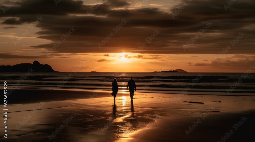 silhouettes of a happy couple holding hands on the seashore at sunset. Generative AI