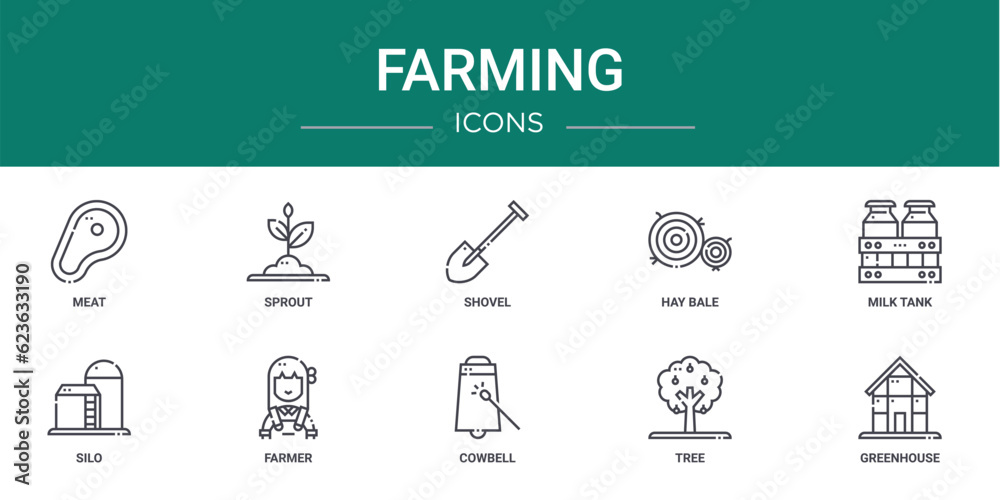 set of 10 outline web farming icons such as meat, sprout, shovel, hay ...