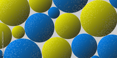 Abstract background with 3d spheres. Yellow and blue balls. Vector illustration of balls with a textured pattern. Horizontal banner template.