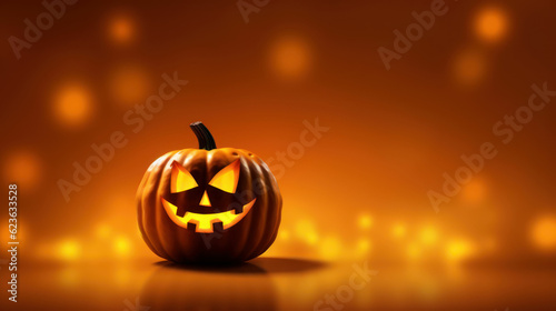 Glowing jack - o - lantern pumpkin on a yellow background.