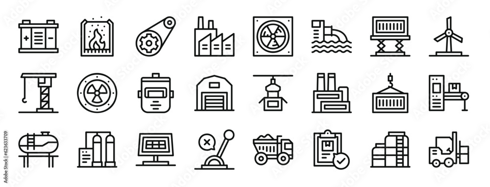 set of 24 outline web industrial process icons such as battery ...