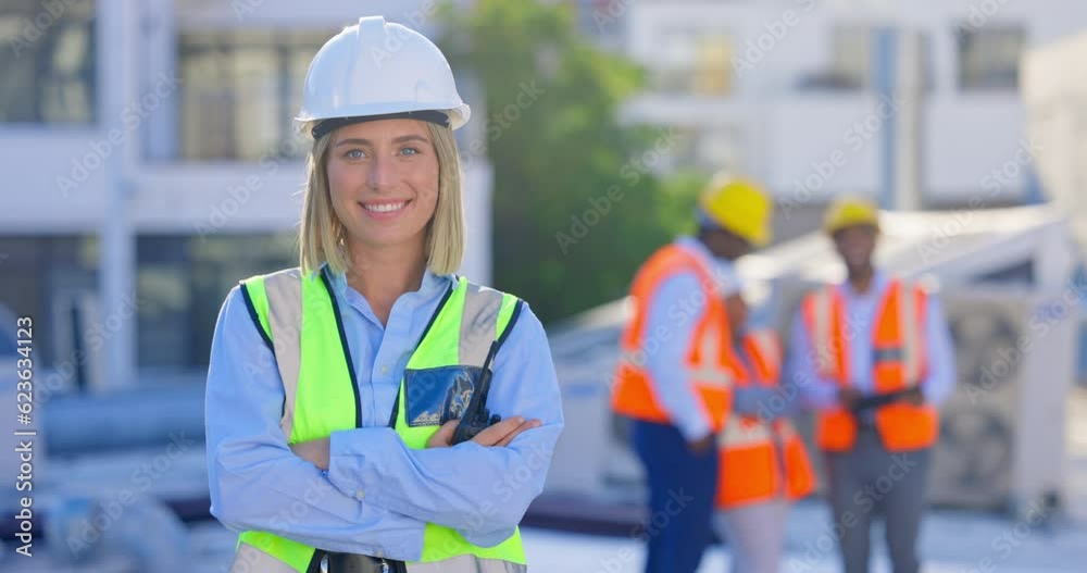 Architect, face or happy woman on construction site with arms crossed, confidence or walkie talkie. Engineering, portrait or proud female contractor in building industry working on infrastructure