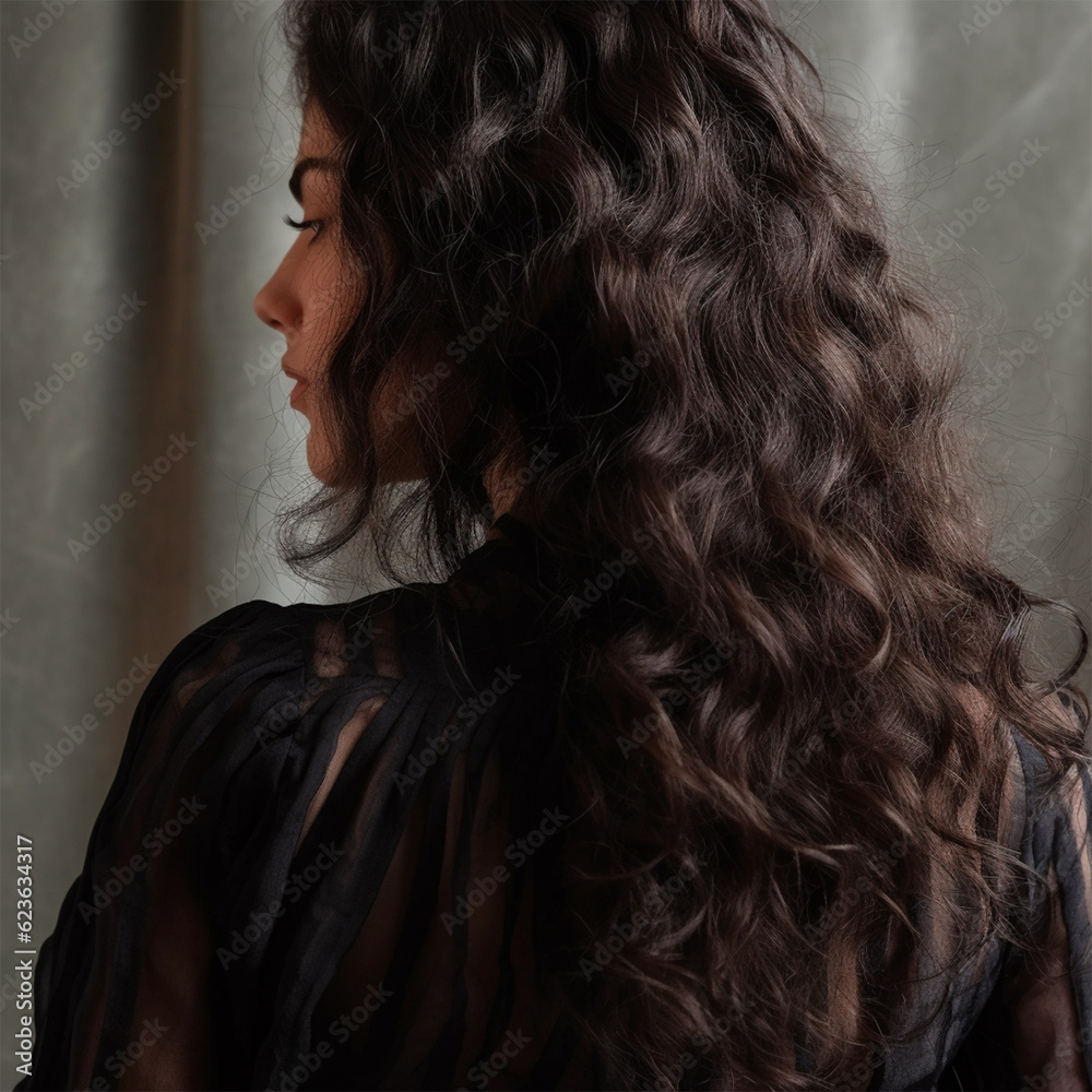 young woman with dark and curly hair .back view. Banner or poster. Social media content for beauty salons. Generative AI young woman with dark and curly hair .back view. Banner or poster. Social media content for beauty salons. Generative AI