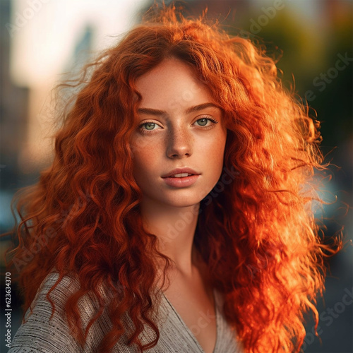 young woman with red and curly hair on the city street .back view. Banner or poster. Social media content for beauty salons. Generative AI